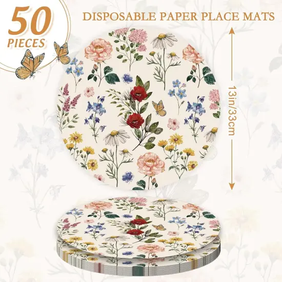 50Pcs Floral Round Paper Placemat Wildflower Disposable Place Mat Retro Floral Decorative Paper Table Mat for Spring Wedding Bridal Shower Party Table Setting, 13 x 13 Inch {2}