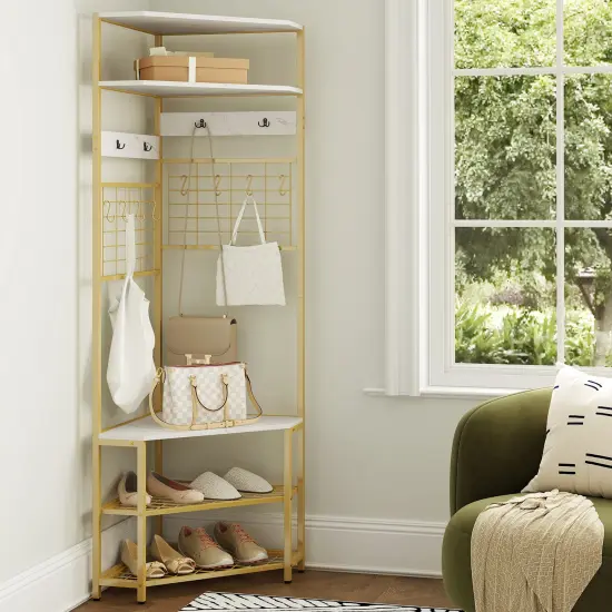 5-Tier Corner Hall Tree with Shoe Storage Bench White {6}