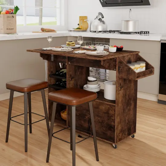 Kitchen Drop Leaf Island Cart with Power Outlets and Wine Rack Storage Shelves Locking Wheels Rustic Brown {6}