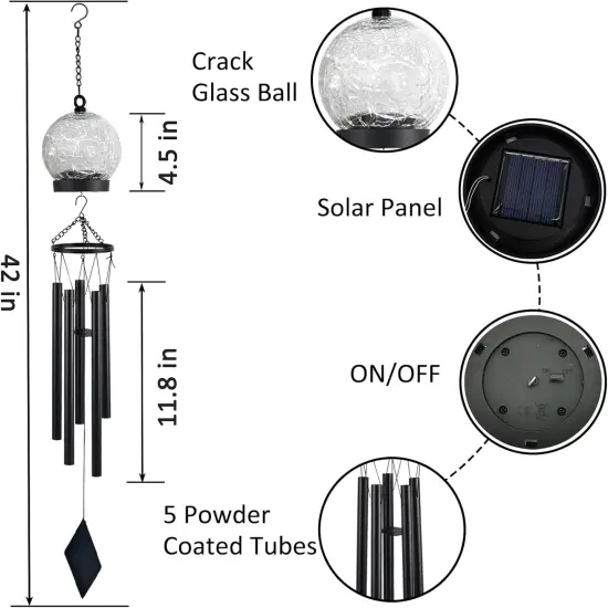 Wind Chimes Outdoor Solar Lights, 42 Inch Large Sympathy Chime 15 Blue LEDs Crackled Glass Ball Birthday Gifts for Women Decorative Hanging in Garden, Yard, Patio, Landscape {3}