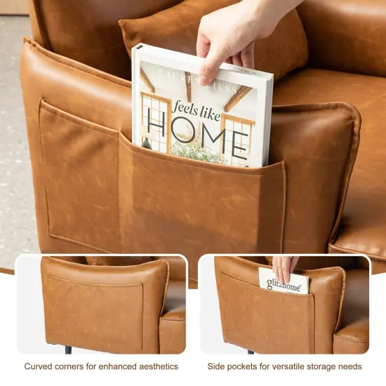 29.5"W Mid-Century Modern Leatherette Armchair With Side Pocket Camel {4}