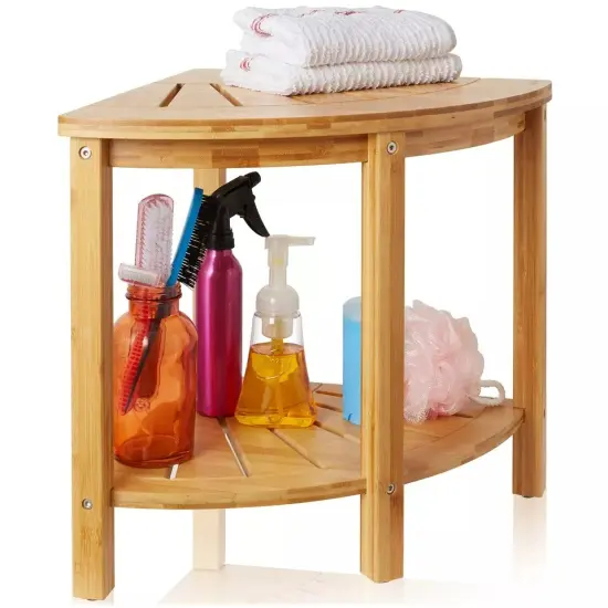 Bamboo Corner Shower Bench with Storage Shelf, 2-Tier Bathroom Spa Stool Seat {3}