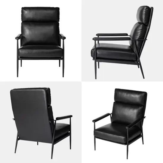 33.75"W Mid-Century Modern Leatherette Armchair With High Back and Padded Arms Black {5}