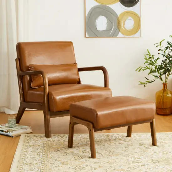 30.75"H Mid-Century PU Leather Armchair with Ottoman Set Brown {7}