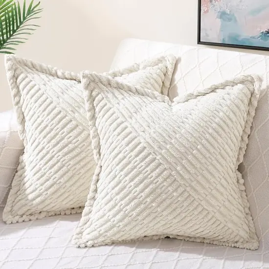 Decorative Cream White Throw Pillow Covers 18x18 Set of 2 with Splicing, Boho Soft Corduroy Broadside Twill Spring Pillow Covers for Couch Bed Sofa Living Room {1}