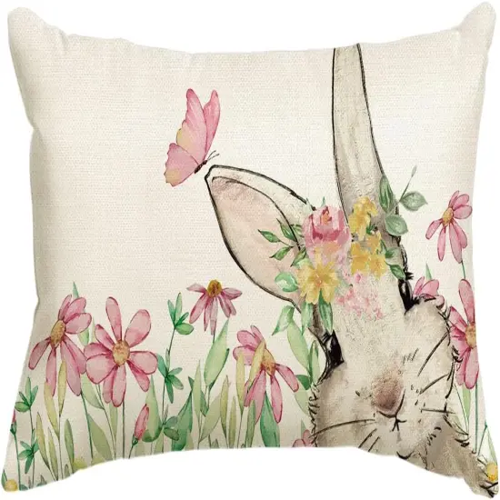 Easter Bunny Throw Pillow Cover – 12x20" Spring Rabbit Cushion Case Pink {1}
