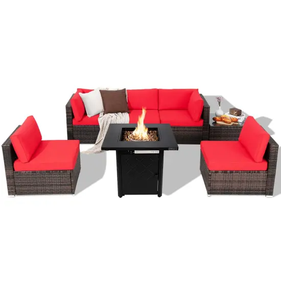 Costway 7 PCS Patio Furniture Set with 28" 50000 BTU Propane Gas Fire Pit Table Cushions Red/Turquoise/Off White {7}