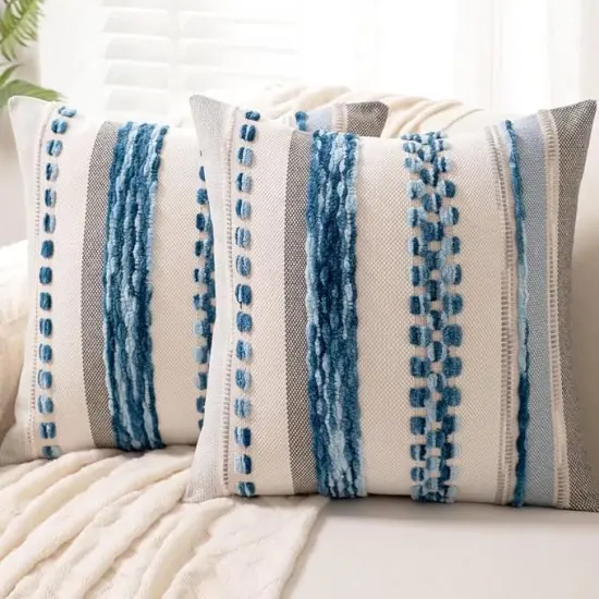 Boho Throw Pillow Covers 18x18 Set of 2 Farmhouse Decorative Cushion Case Striped Square Pillows Cover Chenille Pillow Cases Accent Neutral Pillowcase for Sofa Couch Bed,Sky Blue {1}