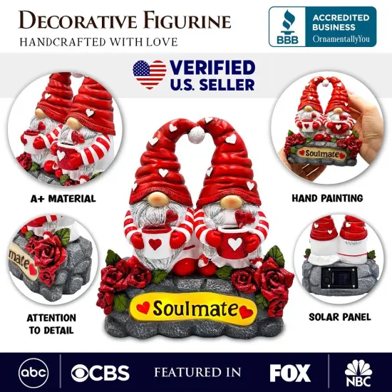 Soulmate Valentine Gnome Couple Solar Powered Figurine, 6" Romantic Room Statue Decoration {2}