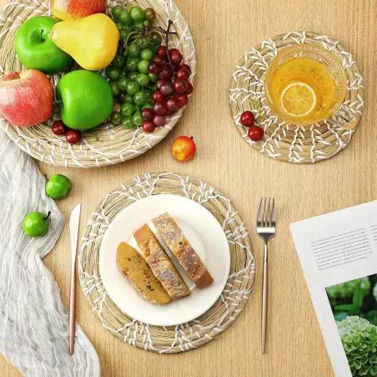 Boho Wall Basket Decor Set of 3 Decorative Bulrush Woven Basket Wall Decor Set Rustic Hanging Handmade Round Woven Decoration with African Design for Living Room Bedroom Farmhouse Gift Idea(Bright) {4}