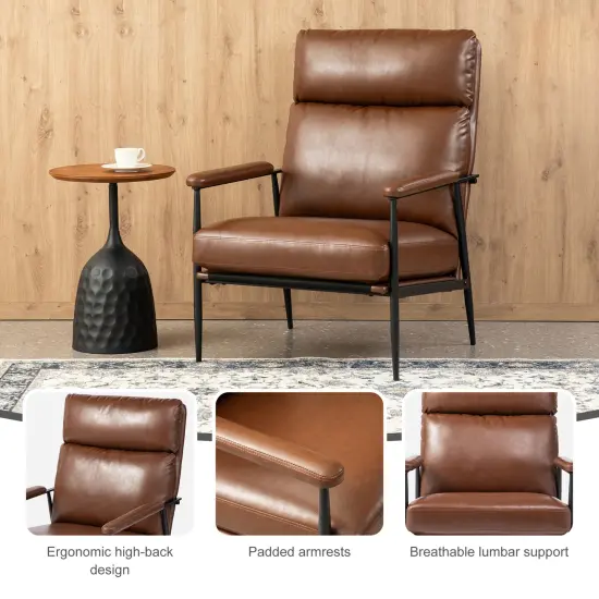 33.75"W Mid-Century Modern Leatherette Armchair With High Back and Padded Arms Brown {3}