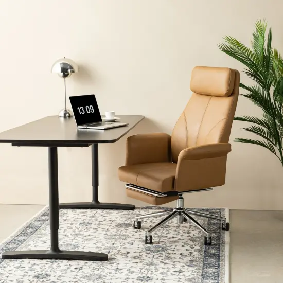 Modern Deluxe Faux Leather Gaslift Adjustable Swivel High Back Office Chair with Footrest and Armrest Camel {3}