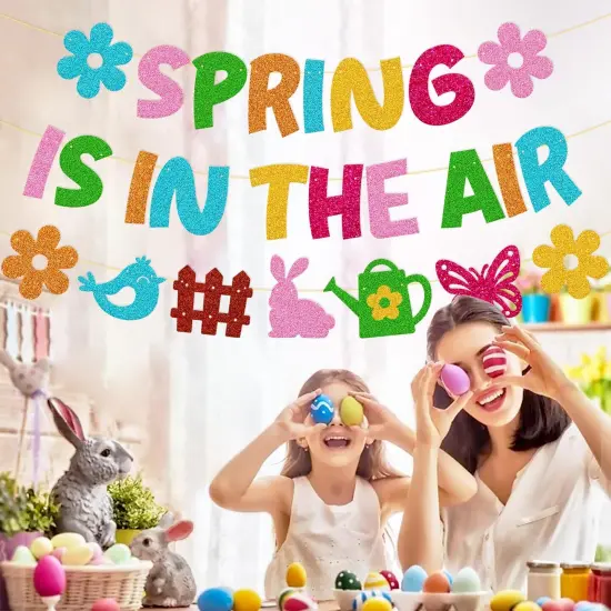 Spring is in The Air Banner Hello Spring Party Decorations Flower Bunny Bird Butterfly Sign Garland for Welcome Spring Happy Easter Festival Colorful Glitter Party Supplies {5}