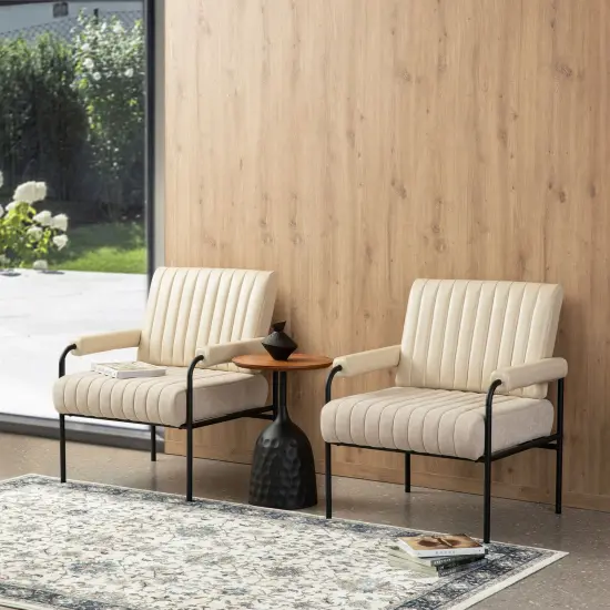 29.5"W Leatherette and Fabric Combination Armchair With Padded Arms Set of 2-Beige {3}