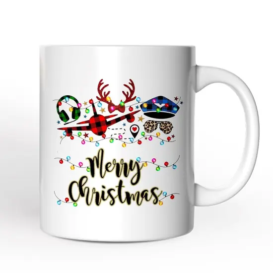 Airplane Pilot Buffalo Plaid Christmas Mug, Flight Aircraft Crew Gift Holiday Decoration {1}