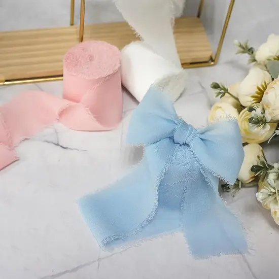 Frayed Chiffon Ribbon 2 inch x 8 Yards x 3 Rolls Light Blue White Pink for Christmas Home Decor Gift Wrapping DIY Crafts Wedding Invitation Bouquets {4}