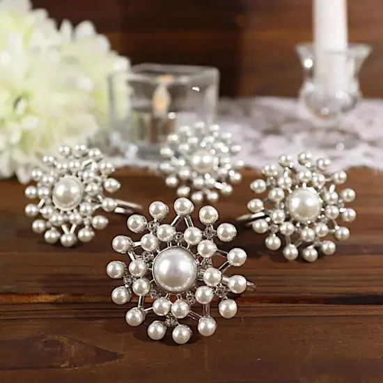 4 Silver White Round Metal Dinner NAPKIN RINGS Faux Pearls Rhinestones Party {4}