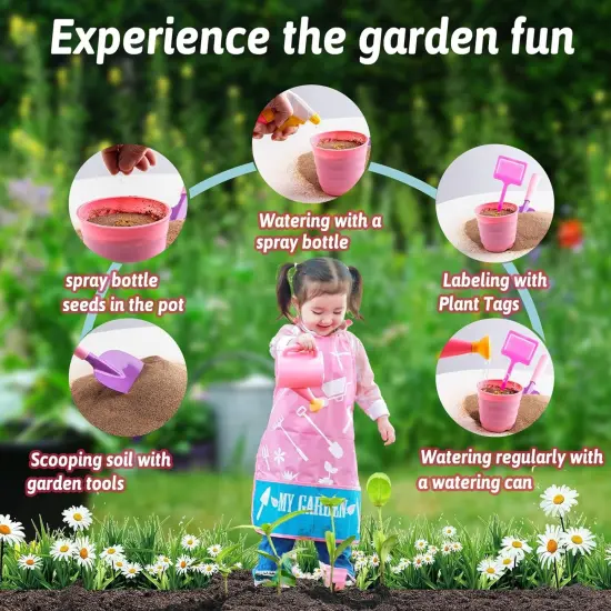 Kids Pink Gardening Tools Set, Garden Toys w/Metal Rake, Shovel, Trowel, Watering Can, Gloves, Tote Bag, Plant pots, DIY Bookmark Kits, Spring Summer Toy Outdoor Gift for Toddler Boy Girl {2}