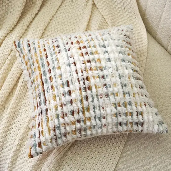 Boho Chenille Tufted Pillow Cover 18x18 Inch, Decorative Square Throw Pillow Cover Neutral Pillowcase for Couch Bedroom Living Room, Orange White {3}