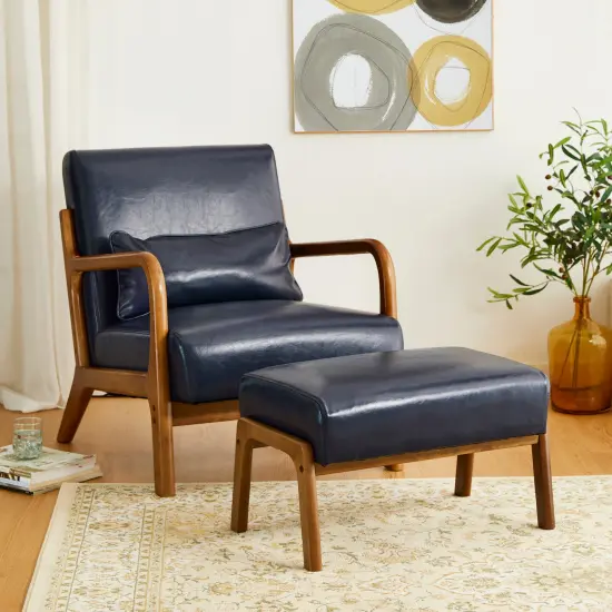 30.75"H Mid-Century PU Leather Armchair with Ottoman Set Green {9}