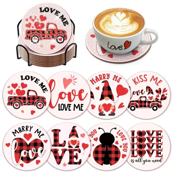 8 Pieces Valentine&rsquo;s Day Diamond Art Coasters Love Diamond Painting Coasters Kits with Holder DIY Coasters for Beginners, Adults, Kids, Diamond Art Crafts Supplies (Valentines) {1}