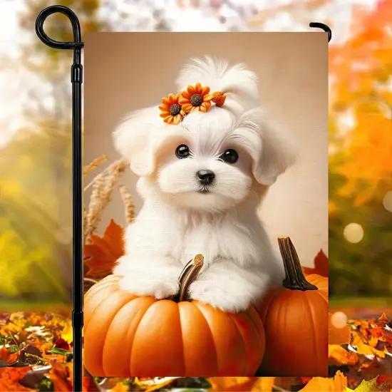 12x18 Inch - Happy Fall Dog Thanksgiving Garden Yard Flag (Maltese Dog) {3}