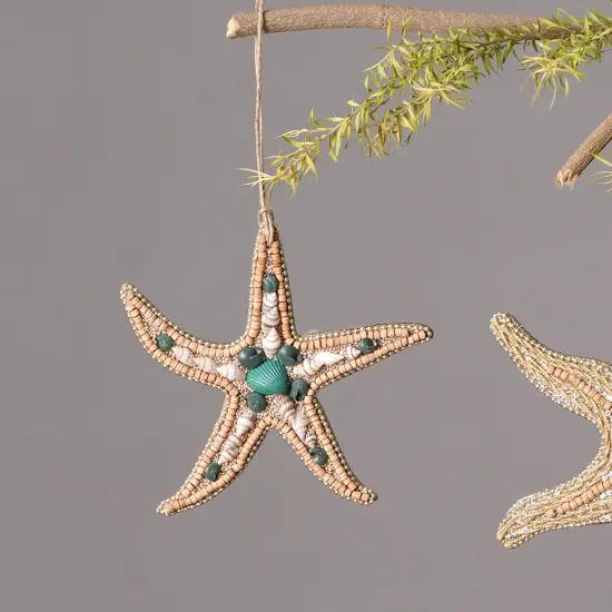 Wooden & ShellBeaded Lac Star Fish Ornament - Brown & Blue {1}