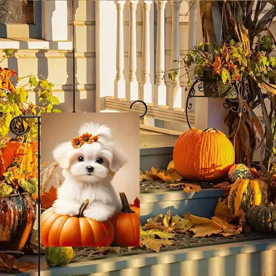 12x18 Inch - Happy Fall Dog Thanksgiving Garden Yard Flag (Maltese Dog) {2}