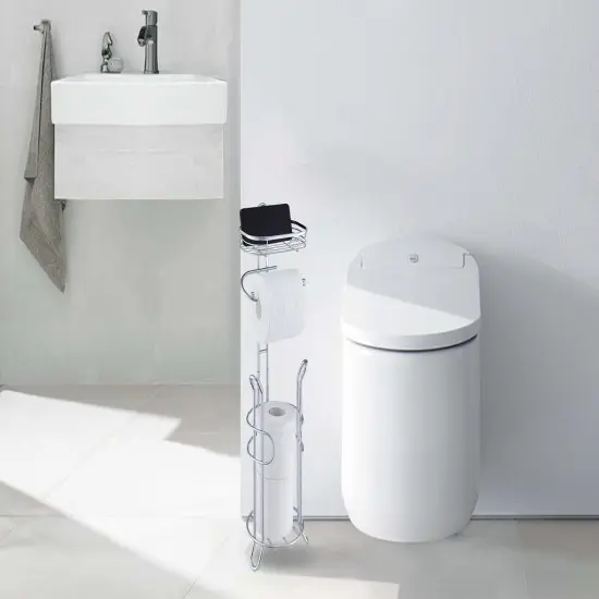 Bathroom Heavyweight Toilet Tissue Paper Roll Storage Holder Stand with Reserve and Shelve Silver {1}