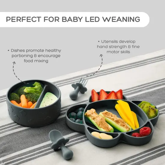 Grabease Baby Feeding Set - Silicone Plates, Bowls, and Suction Plates for Baby-Led Weaning and Portion Control - Suction Bottoms 4 Piece Set, BPA and Phthalates-Free, Gray Grey {2}