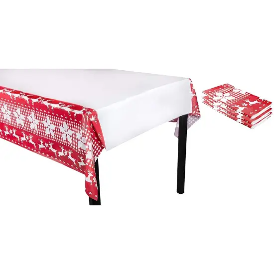 3 Pack Christmas Reindeer Plastic Party Tablecloths, 54" x 108" Red Rectangular Disposable Table Covers for Xmas Holiday Supplies {1}