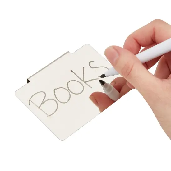 8 Pack Clip On Metal Basket Labels for Storage Bins with 2 Black Markers (3.5 x 2.5 In) White {5}