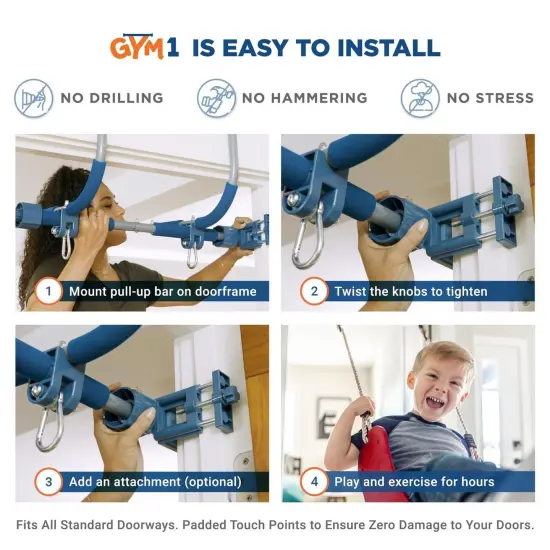 Gym1 2-Piece Doorway Gym for Kids and Teens Ages 3&ndash;14, Includes Door Sensory Swing, Indoor Pull-Up Bar for Fun & Fitness, Holds Up to 300 Lbs, Red {4}