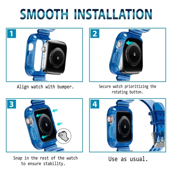 Insten Crystal Clear Watch Band with Rugged Bumper Case For Apple Watch 44mm 42mm Series SE 6 5 4 3 2 1, Replacement Soft TPU Transparent Strap, Clear Blue {7}