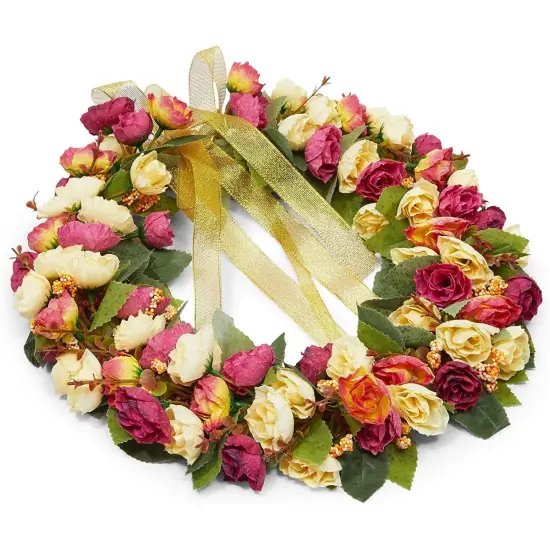 Rose Wreath with Ribbon for Front Door, Valentine Decor (13.3 in, Pink, Yellow) {6}