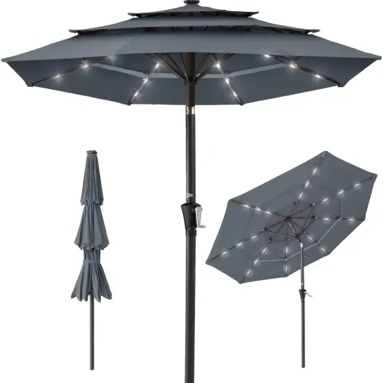 Best Choice Products 10ft 3-Tier Solar Patio Umbrella w/ 24 LED Lights, Tilt Adjustment, Easy Crank Slate {1}