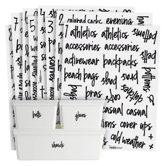 Talented Kitchen 224 Closet Labels for Bins and Baskets, Preprinted Black Script Stickers for Organization and Storage (Water Resistant) {1}