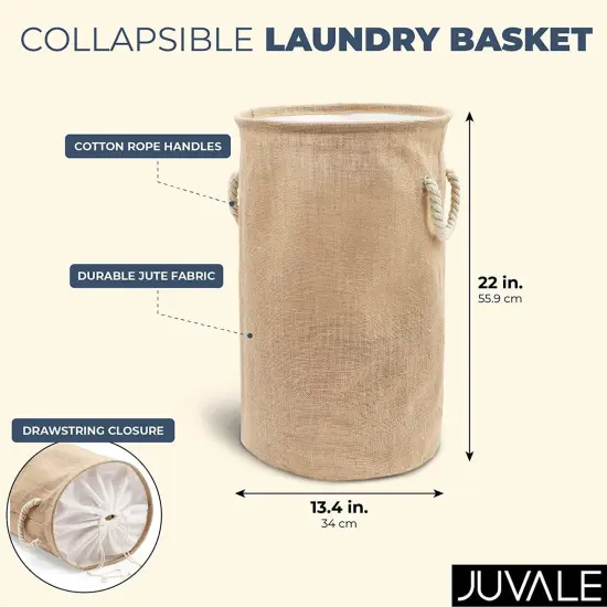 22 Inch Collapsible Laundry Basket with Drawstring Closure, Round Freestanding Clothes Hamper Brown {2}