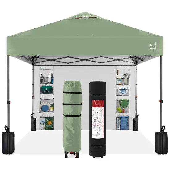 Best Choice Products 10x10ft Easy Setup Pop Up Canopy, Portable Tent w/ Side Wall, 1-Button Push, Case Sage Green {1}