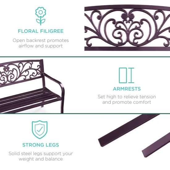 Best Choice Products Outdoor Steel Bench Garden Patio Porch Furniture w/ Floral Design Backrest Purple {6}