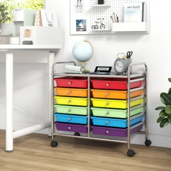 12 Removable Drawers Rolling Storage Cart with 4 Universal Wheels and Metal Frame Multicolor {2}
