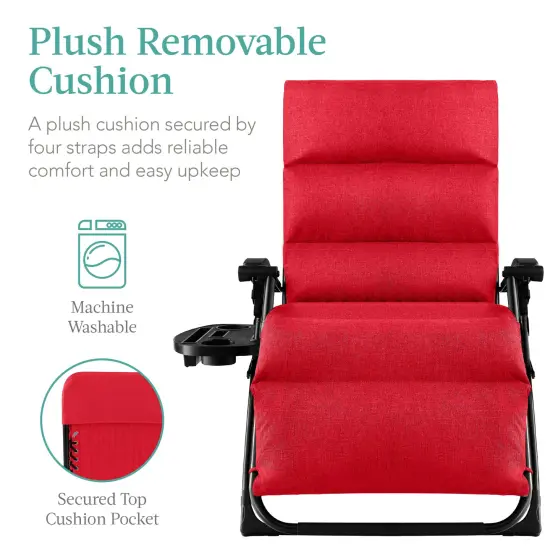Best Choice Products Oversized Zero Gravity Chair, Folding Recliner w/ Removable Cushion, Side Tray Crimson Red {2}