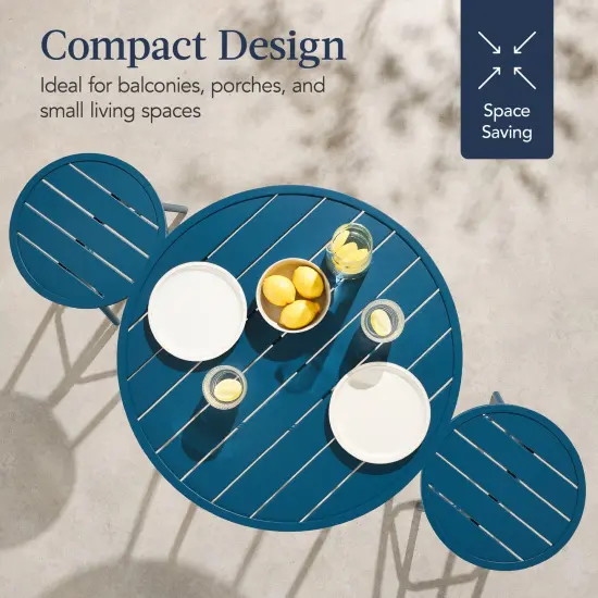 Best Choice Products 3-Piece Steel Patio Bar Height Round Bistro Set w/ Backless Stools, Slatted Design Peacock Blue {6}