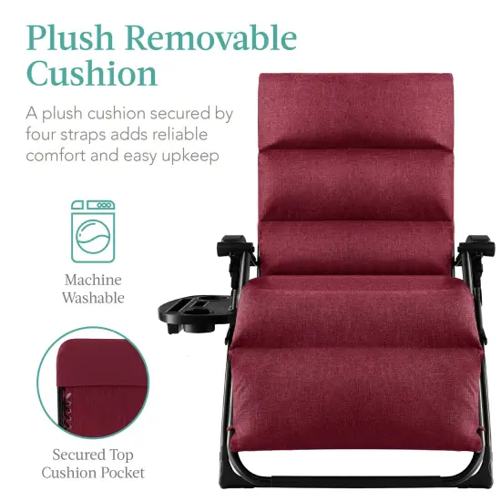 Best Choice Products Oversized Zero Gravity Chair, Folding Recliner w/ Removable Cushion, Side Tray Burgundy {2}