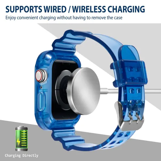 Insten Crystal Clear Watch Band with Rugged Bumper Case For Apple Watch 44mm 42mm Series SE 6 5 4 3 2 1, Replacement Soft TPU Transparent Strap, Clear Blue {4}