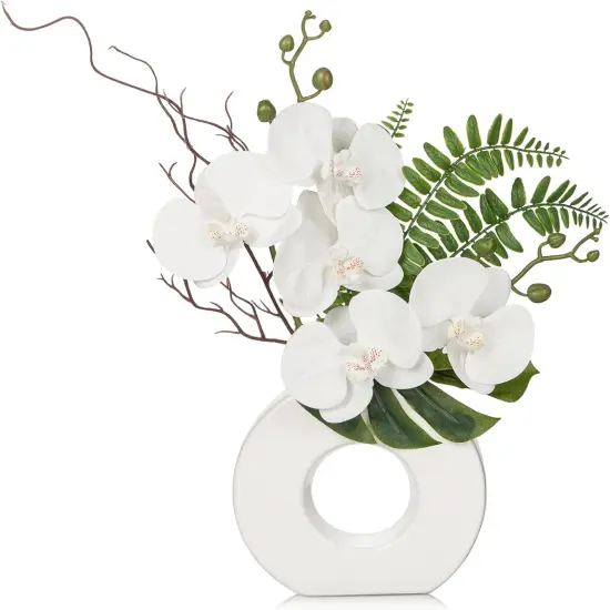 Orchid Artificial Flowers 16.1'' White Orchid Silk Flowers with Ceramic Vase Faux Orchid Arrangement for Home Office Table Centerpiece Indoor Decoration {1}
