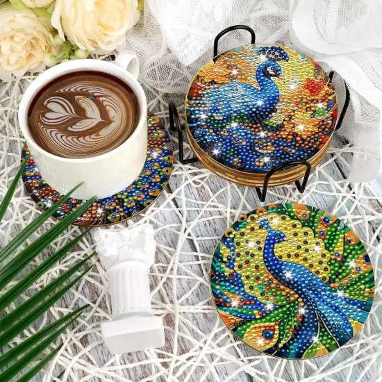 Peacock Diamond Art Coasters Kit: 8pcs Diamond Painting Coasters with Holder & Cork Pads, DIY Craft Set for Adults & Beginners, Wooden Coaster, Gifts for Home Decor {5}