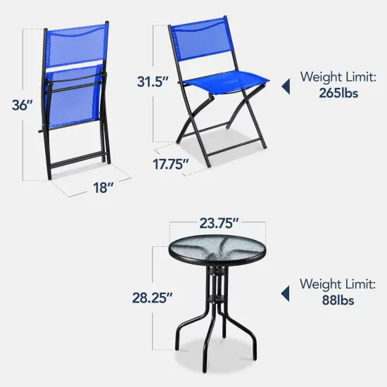 Best Choice Products 3-Piece Patio Bistro Dining Furniture Set w/ Round Textured Glass Tabletop, Folding Chairs Resort Blue {2}