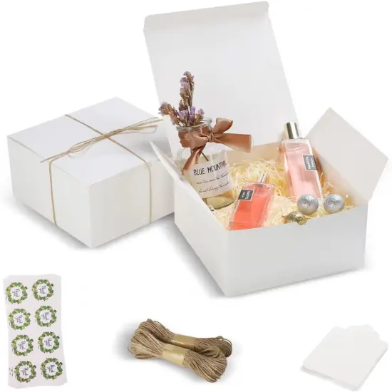 White Gift Boxes 8x8x4 Inches 10 Pack, Paper Gift Boxes for Bridesmaid Proposal, Birthday, Party, Christmas, Wedding, Crafting Boxes, With Thank You Sticker & Twine & Hangtag {1}