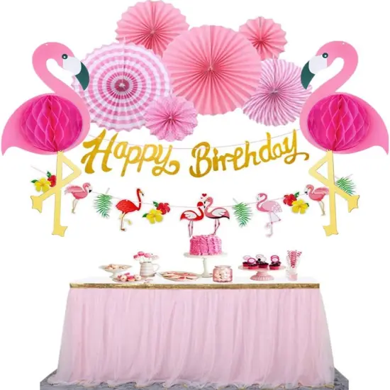 Flamingo Party Honeycomb Decoration, Hanging Pink Paper Fans, Birthday Banners, Swirl Decorations {5}